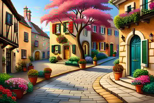 an illustration of a street in a small town. AI-Generated photo