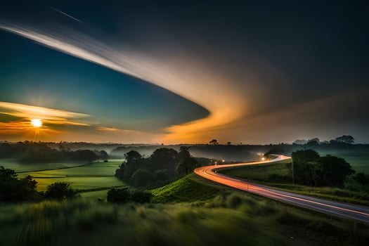 a long exposure photograph of a road and a cloud. AI-Generated photo