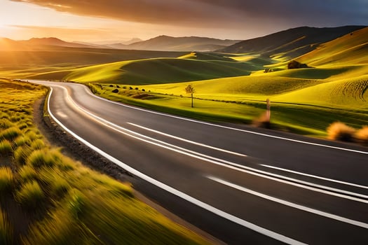 a road in the middle of a green field. AI-Generated photo