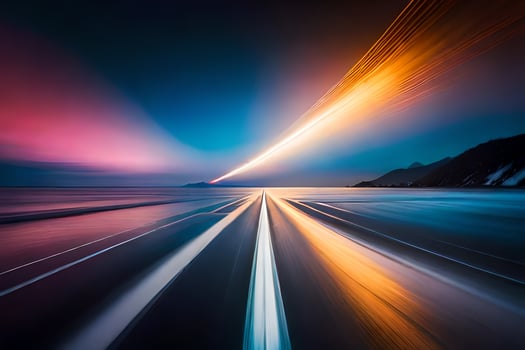 a long exposure photograph of a road with a bright light. AI-Generated photo