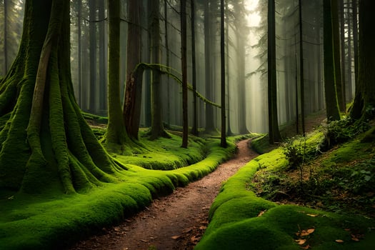 a path through a forest with mossy trees. AI-Generated photo