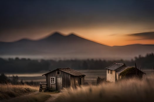 two small houses in the middle of a field. AI-Generated photo