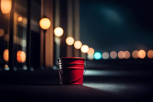 a red bucket sitting on the ground in front of a building. AI-Generated photo