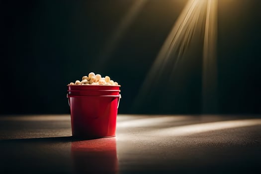 a red bucket with popcorn on a dark table. AI-Generated photo