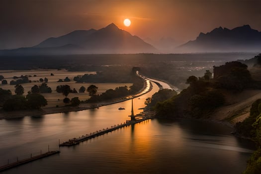 the sun sets over a river and mountains. AI-Generated photo