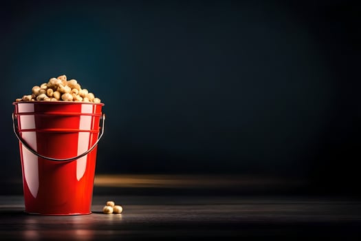 a red bucket filled with peanuts on a dark table. AI-Generated photo