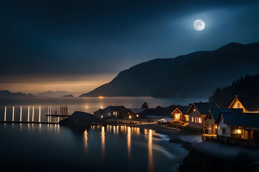 a moonlit night scene with houses on the shore. AI-Generated photo