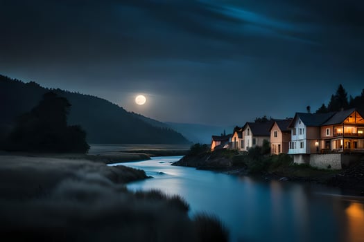 photo wallpaper the moon, river, water, night, houses, river, moon, river,. AI-Generated
