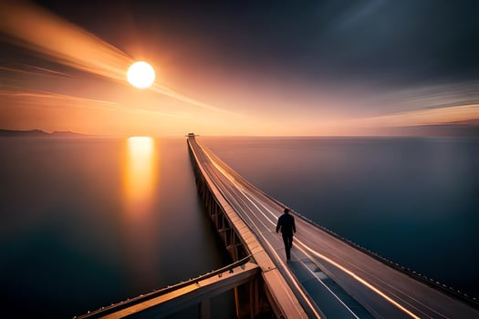 a man walks across a bridge at sunset. AI-Generated photo