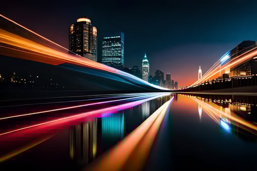 a city at night with lights on the road. AI-Generated photo