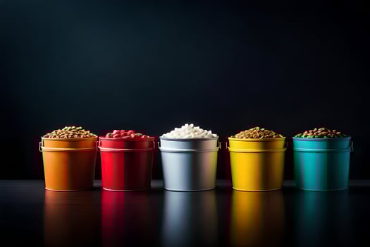 five colorful buckets with different types of food. AI-Generated photo