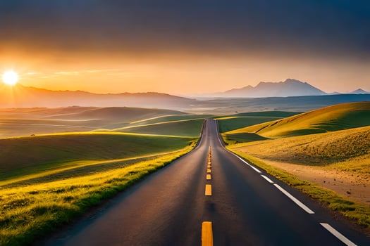 an empty road in the middle of a field with the sun setting. AI-Generated photo