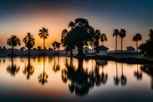 a lake with palm trees at sunset. AI-Generated photo