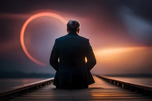 a man in a suit sits on a dock looking at an eclipse. AI-Generated photo