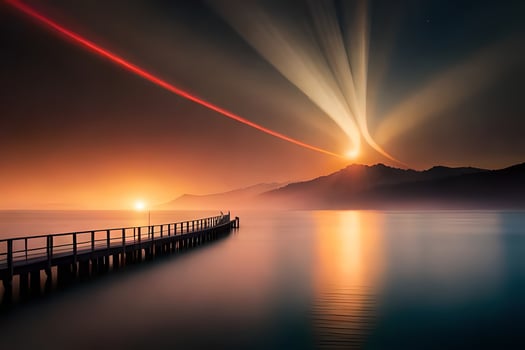 a pier with a long beam of light coming from the sky. AI-Generated photo