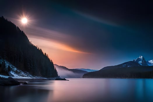 a beautiful sunset over a lake and mountains. AI-Generated photo