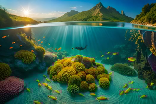 a diver swims in the ocean with coral reefs and fish. AI-Generated photo