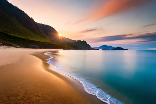 the sun rises over a beach and mountains. AI-Generated photo