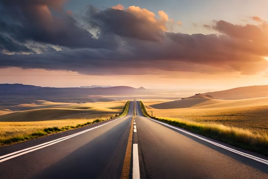 a long road stretches across the landscape with a sunset in the background. AI-Generated photo