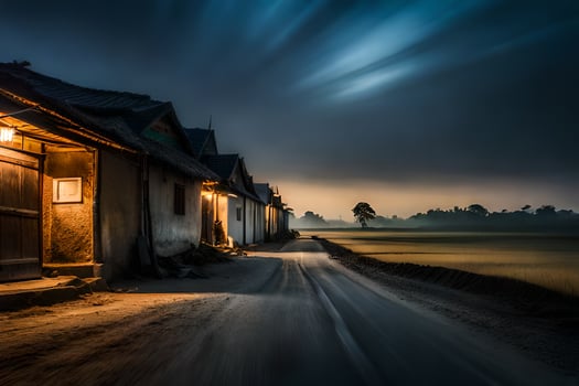 photo wallpaper the sky, night, the countryside, the village, the house, the road,. AI-Generated