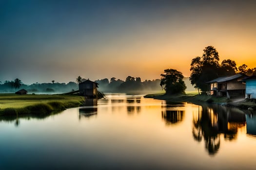 a river at sunrise with houses and trees. AI-Generated photo