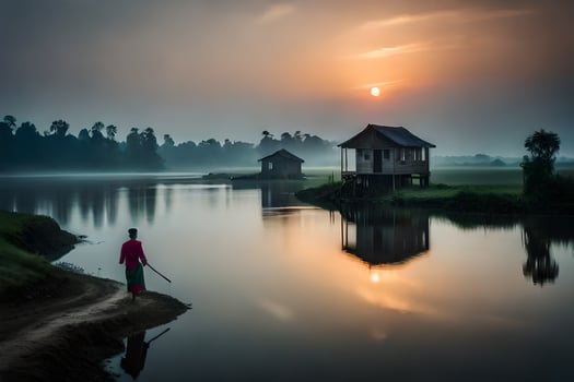 a man is walking along the river with a stick. AI-Generated photo