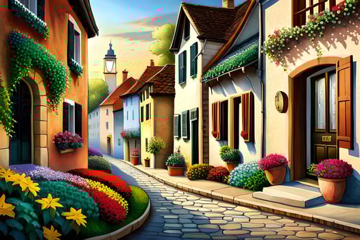 an illustration of a street with flowers and houses. AI-Generated photo