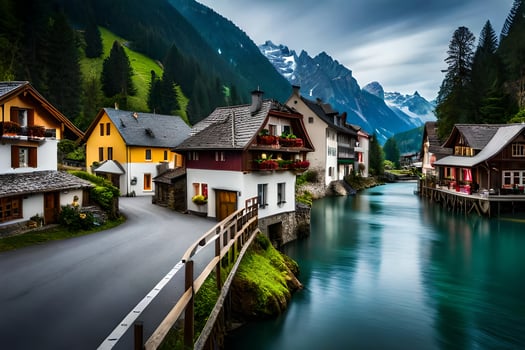 photo wallpaper the sky, mountains, water, houses, the village, the river, the mountains. AI-Generated