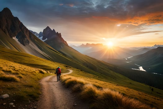 a man walks on a path in the mountains. AI-Generated photo