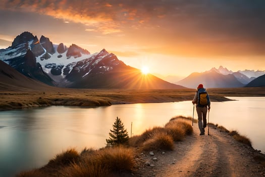 a man walks along a path in the mountains. AI-Generated photo