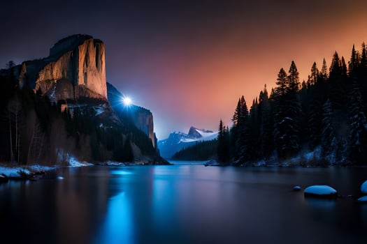 the moon is shining over a mountain and a river. AI-Generated photo