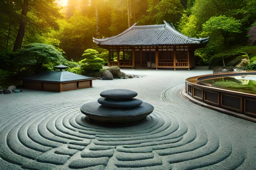 a zen garden with a stone path and a pagoda. AI-Generated photo