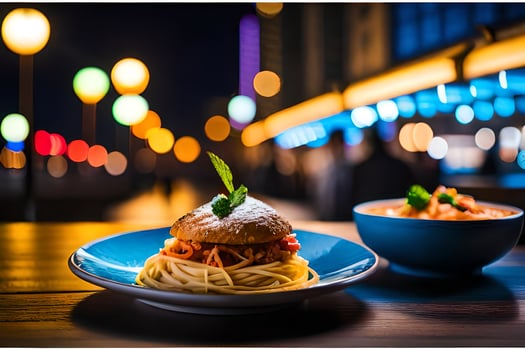 spaghetti and a bowl of soup on a wooden table. AI-Generated photo