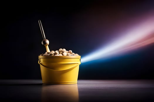 a bucket filled with popcorn and a light shining from behind. AI-Generated photo