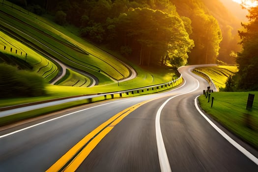 a winding road in the mountains with the sun shining. AI-Generated photo