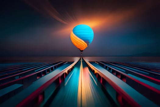 a colorful hot air balloon floats above the water. AI-Generated photo