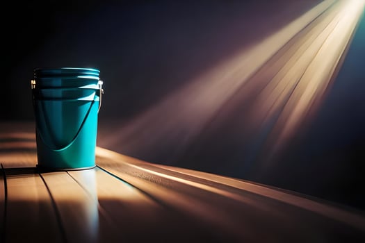 a blue bucket sitting on a wooden table. AI-Generated photo