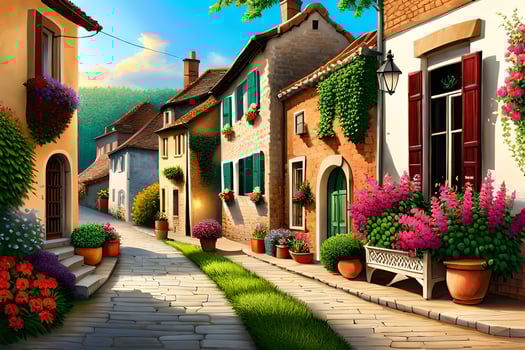 an illustration of a street in a village. AI-Generated photo