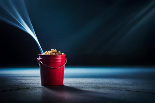 a red bucket with popcorn on the floor. AI-Generated photo