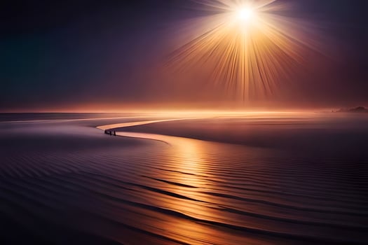 the sun shines over the ocean at sunset. AI-Generated photo