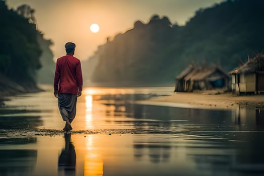 a man walking along the river at sunset. AI-Generated photo
