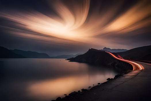 a long exposure photograph of a road and water. AI-Generated photo