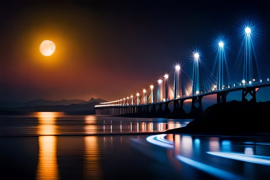 a bridge over water at night with a full moon. AI-Generated photo