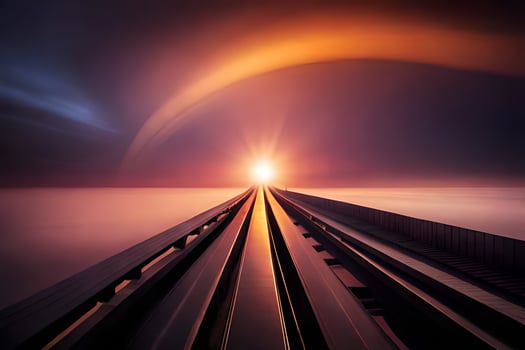 a train track is seen in the distance with the sun rising. AI-Generated photo
