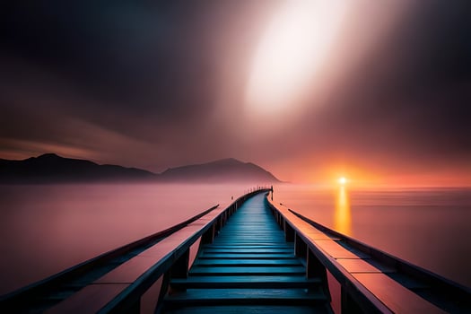 a long wooden pier leads to the ocean at sunset. AI-Generated photo