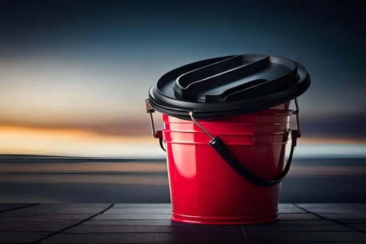 a red bucket with a black lid sitting on a wooden floor. AI-Generated photo