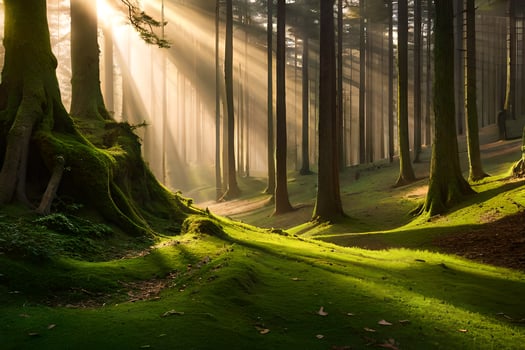 the sun shines through the trees in a forest. AI-Generated photo
