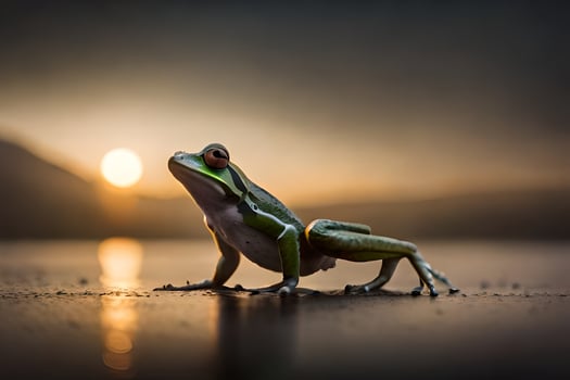a frog is standing on the ground at sunset. AI-Generated photo