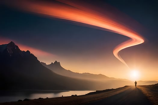 a man walks along a road in front of a mountain with a bright light. AI-Generated photo