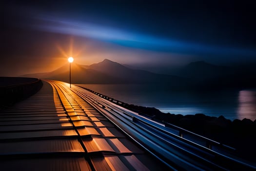 a long train track with a light at the end. AI-Generated photo